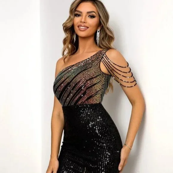 Black Beaded One Shoulder Sequin Bodycon Dress - Picture 2 of 5